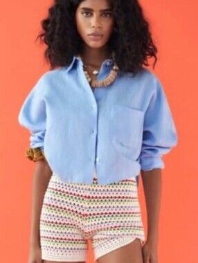 Zara 100% Linen Boxy Cropped Button-down Shirt